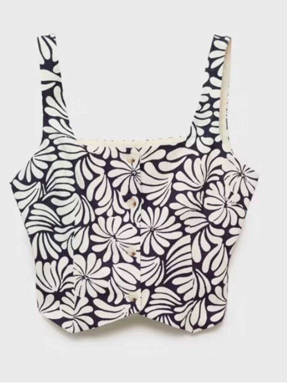 Mango Navy and White Floral Button-Front Crop Top